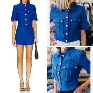 VERONICA BEARD BLAZER JACKET 8 BLUE TWEED CROPPED SHORT SLEEVE ROSALINA COTTON